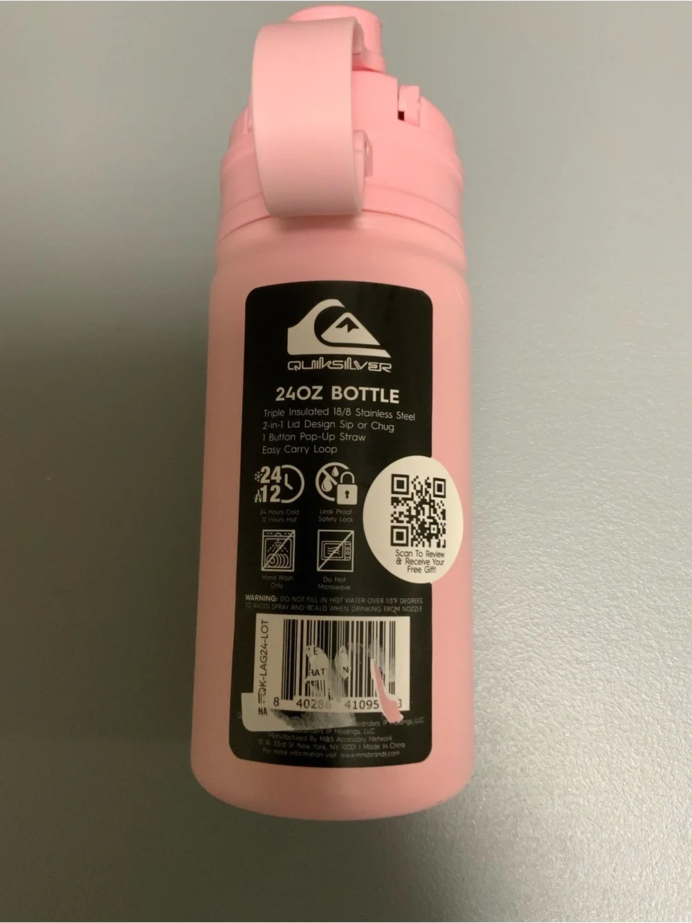 Quiksilver Light Pink Insulated Bottle with Carry Loop